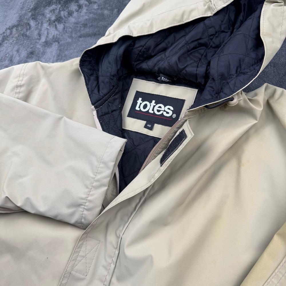 Vintage Totes Men Tan Beige Hooded Rain Jacket Quilted Lined Coat Medium MD